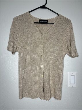 Vintage Sag Harbor Short-Sleeve Beige Knit Cardigan